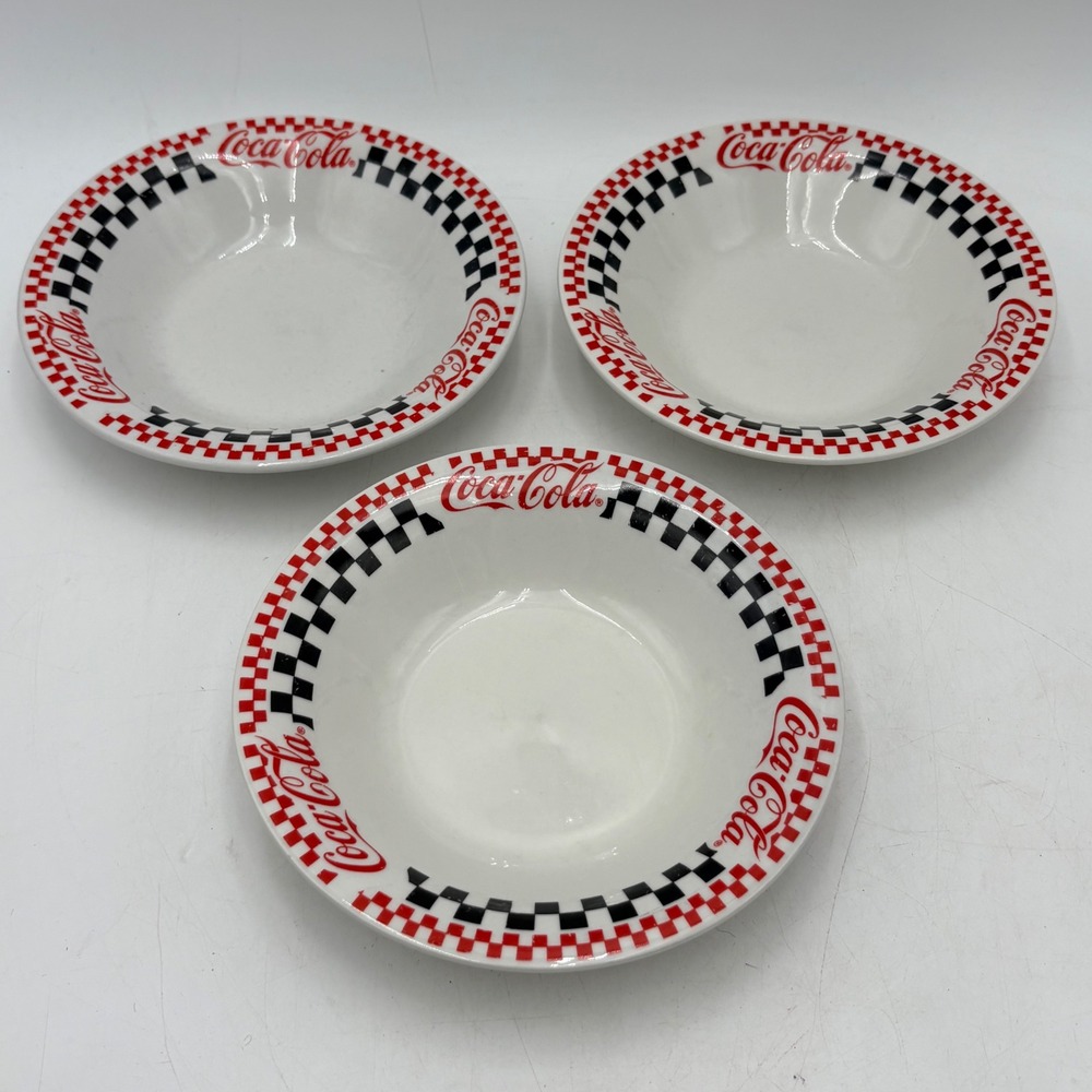 Vintage 1996 Coca-Cola Gibson Housewares Checkered Pasta Bowls Set of 3 Retro 8"